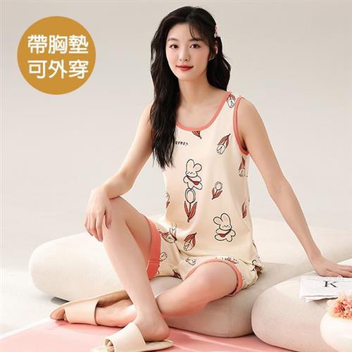 【韓國K.W.】韓國兔棉背心印花家居服睡衣套裝(背心/大面印花/短褲)