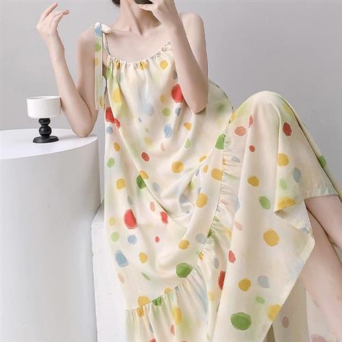【韓國K.W.】韓國俏麗可愛高級棉稠寛下擺涼感休閒睡裙(背心裙/大面印花/連衣裙)