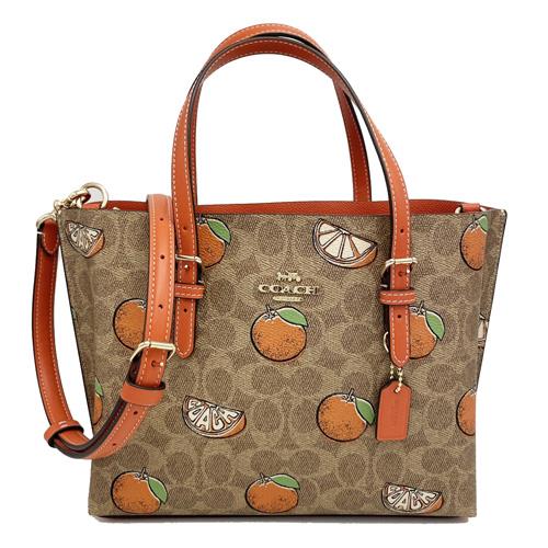 【COACH】C LOGO橘子印花手提斜背兩用托特包(橘/咖)