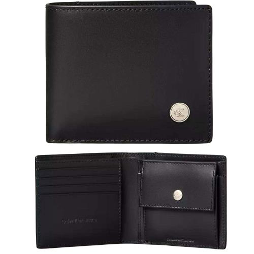 【Calvin Klein 凱文克萊】小圓標質感皮革 附零錢袋短夾 禮盒組-帥氣黑