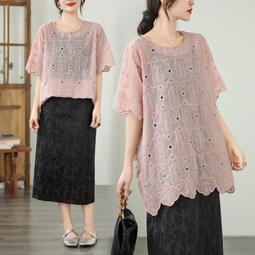 【ALLK 歐楷】新品 簍空長版上衣 粉紅色(尺寸L-XXL/中大尺碼/涼爽/透氣)