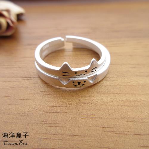 【海洋盒子】一對價。可愛啞光貓咪S999純銀戒指.對戒.可調整戒圍