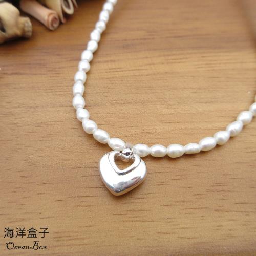 【海洋盒子】40+5cm。溫婉典雅鏤空愛心天然珍珠S925純銀項鍊《附贈禮盒》女用項鍊