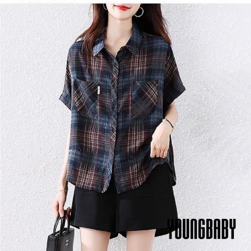 【YOUNGBABY中大碼】個性率性藍系紅黃格紋交錯襯衫 中大尺碼女裝
