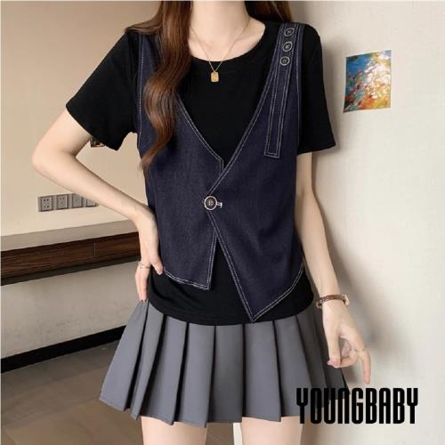 【YOUNGBABY中大碼】深V領拼接牛仔背心假兩件式上衣 中大尺碼女裝