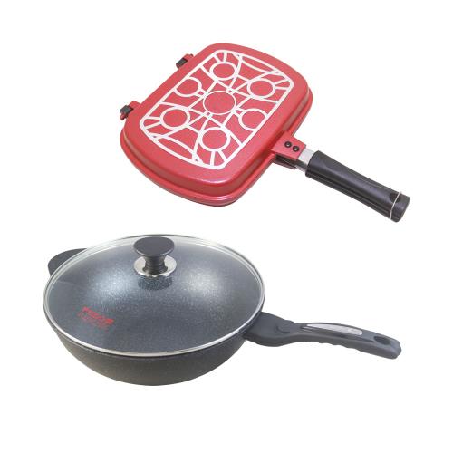 正牛韓國正宗大理石不沾炒鍋 33cm+韓國大理石不沾雙享鍋