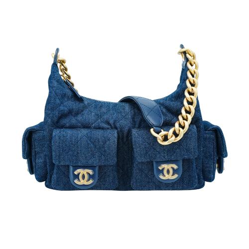 Chanel Hobo 丹寧布霧金粗鍊雙口袋肩背包-大(AS5339-牛仔藍)