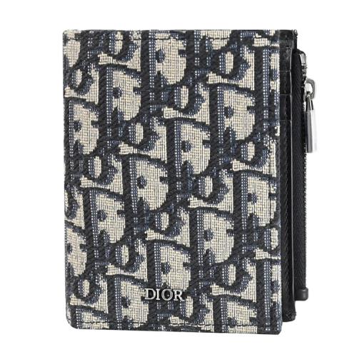 Christian Dior Oblique 緹花直式簡易對開零錢短夾.深藍