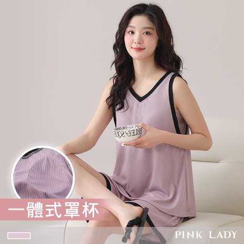 【PINK LADY】罩杯式 無袖睡衣 暮紫雲紗 寬肩帶成套居家服(女睡衣/春夏/內含胸墊/涼爽透氣) 2294