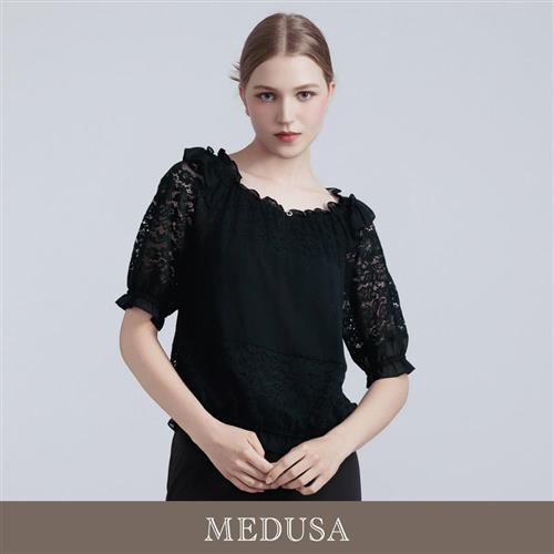 現貨【MEDUSA 曼度莎】法式優雅嫘縈蕾絲縮領上衣（M-2L）｜女短袖上衣 蕾絲拼接 休閒上衣