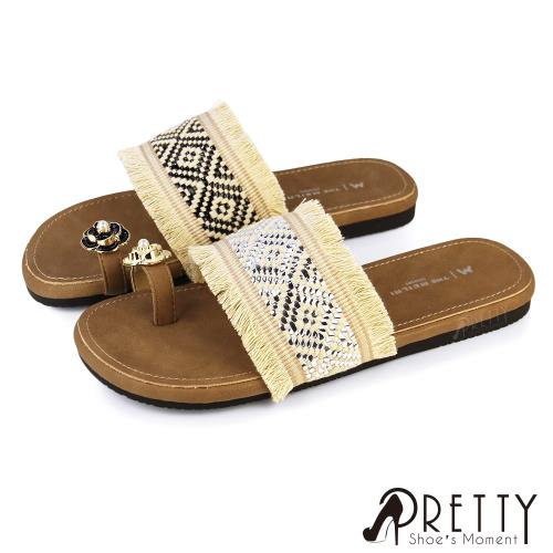 Pretty 女 拖鞋 套趾 一字 平底 民族風 圖騰 流蘇BA-2A988