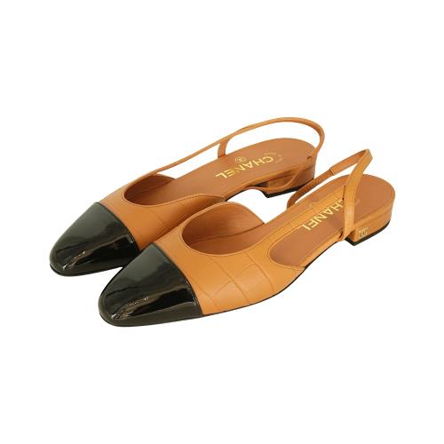 Chanel 展示品 漆皮拚鱷魚紋皮革鬆緊帶涼鞋#38.5(G31319-駝色)