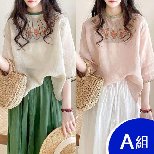 【韓國K.W.】型-韓國空運棉麻刺繡復古上衣2件組