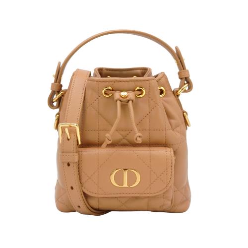二手品 Dior Caro 羊皮迷你斜背水桶包(駝色)