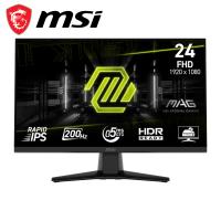 MSI微星 MAG 242F 是一款23.8吋 IPS 面板電競螢幕，具備200Hz高重新整理率與FreeSync技術，提供流暢畫面與減少殘影。支援1920x1080解析度，反應時間僅0.5ms，適合遊戲與影音娛樂。內建抗藍光與護眼功能，長寬比16:9，水平與垂直可視角度達178°，確保廣角視野。輕巧設計，重量僅3kg，外觀尺寸為540 x 220.1 x 396.8mm，並支援HDR與窄邊框設計，是看片追劇與電競玩家的首選顯示器。