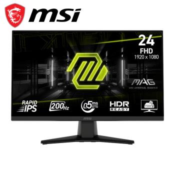 MSI微星 MAG 242F 是一款23.8吋 IPS 面板電競螢幕，具備200Hz高重新整理率與FreeSync技術，提供流暢畫面與減少殘影。支援1920x1080解析度，反應時間僅0.5ms，適合遊戲與影音娛樂。內建抗藍光與護眼功能，長寬比16:9，水平與垂直可視角度達178°，確保廣角視野。輕巧設計，重量僅3kg，外觀尺寸為540 x 220.1 x 396.8mm，並支援HDR與窄邊框設計，是看片追劇與電競玩家的首選顯示器。