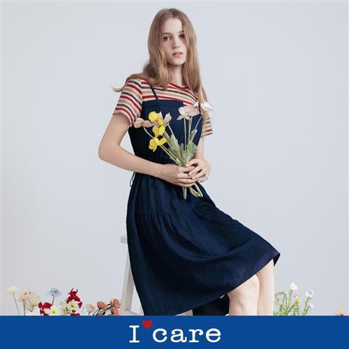 現貨【ICare 依卡】藍橘色減齡感抽褶吊帶洋裝（F）｜休閒洋裝 假兩件吊帶 短洋裝