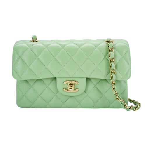 二手品 Chanel 菱格粒紋牛皮淡金鍊翻蓋coco斜背包-23cm(A01113-粉綠)