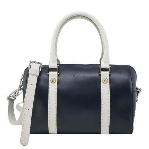 agnes b.全皮革撞色波士頓包-黑白