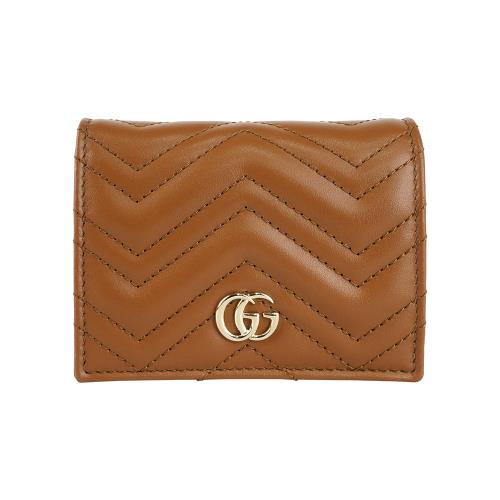 GUCCI GG Marmont 銀字山型紋縫線皮革小短夾(棕色)