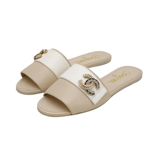 Chanel 展示品 水鑽珍珠lgoo平底拖鞋#38.5(G39692-米白)