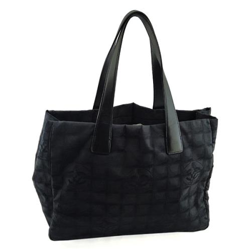 限時急降價~~~九成新半價出清--CHANEL BELL LINE 黑色雙C刺繡帆布肩背托特包