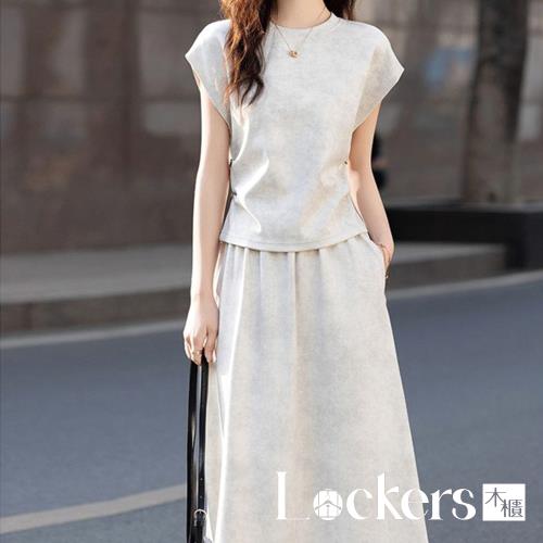 【Lockers 木櫃】圓領鬆緊暈染印花套裝 L114090403