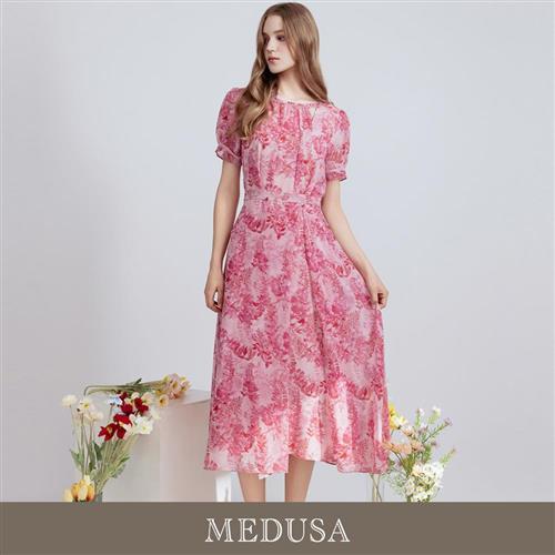現貨【MEDUSA 曼度莎】浪漫粉紅小挖空印花雪紡長洋裝（M-XL）｜雪紡洋裝 長洋裝 碎花雪紡