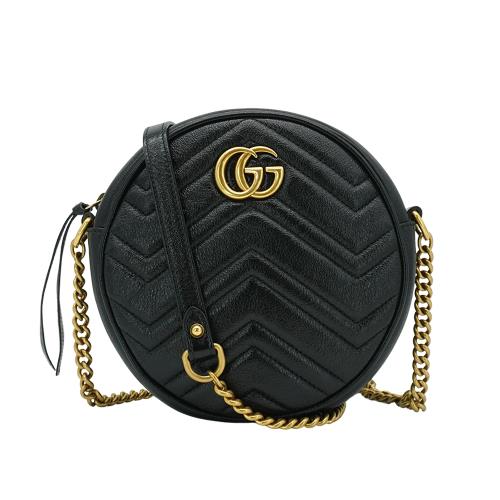 二手品 Gucci Marmont 金鍊牛皮斜背圓餅包(550154-黑)