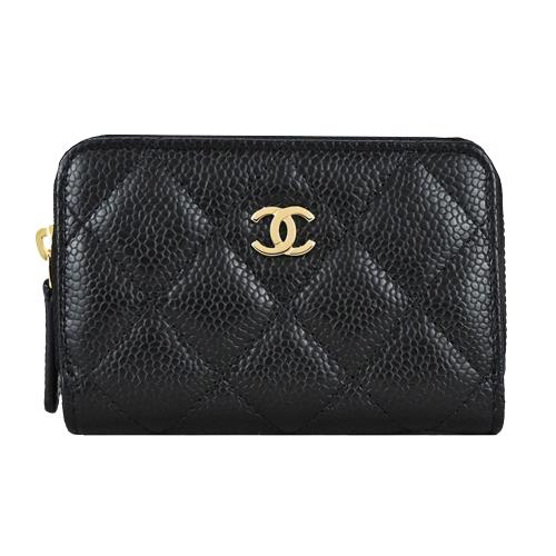 CHANEL 經典雙C LOGO菱格紋小牛皮拉鍊零錢包(黑色)