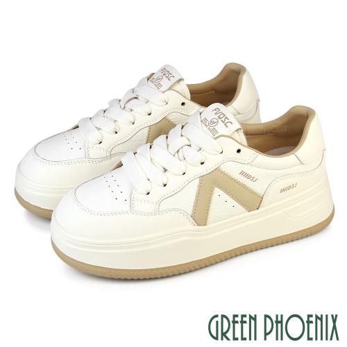 GREEN PHOENIX 女 休閒鞋 小白鞋 真皮 厚底 綁帶 輕量U60-26067
