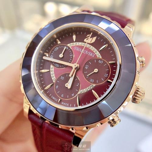 SWAROVSKI 施華洛世奇女錶 40mm 玫瑰金圓形精鋼錶殼 酒紅色三眼, 中三針顯示錶面款 SW00037