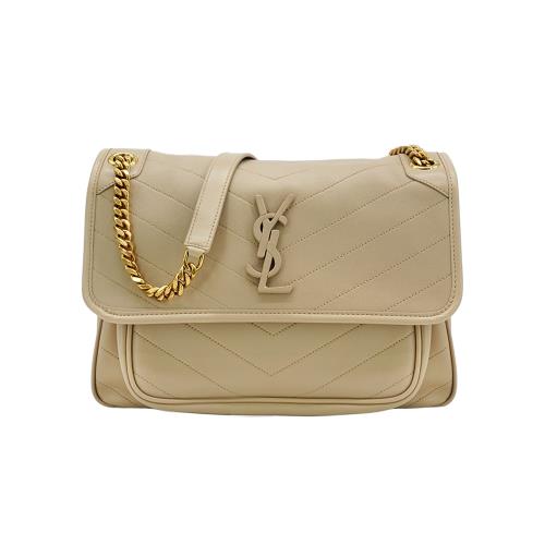 YSL Niki 羊皮裸灰logo翻蓋金鍊肩背斜背包-中(633158-裸灰)