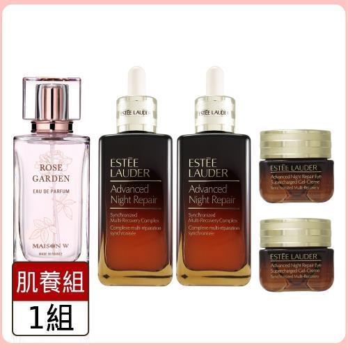 香氛肌養組【Estee Lauder雅詩蘭黛】特潤超導修護露 小棕瓶100ml*2入+特潤亮眼霜15ml*2入+MAISON W玫瑰淡香精100ml