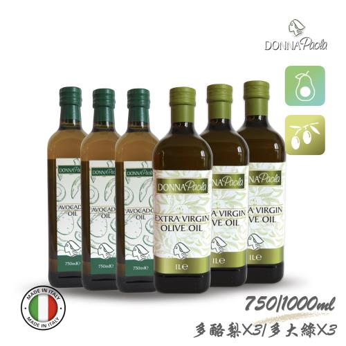 義大利【義多娜】特級冷壓初榨橄欖油1000mlX3＋頂級酪梨油750mlX3(共6瓶)