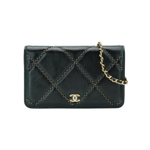 二手品 Chanel VIP贈禮牛皮淡金菱格縫線斜背WOC(黑)