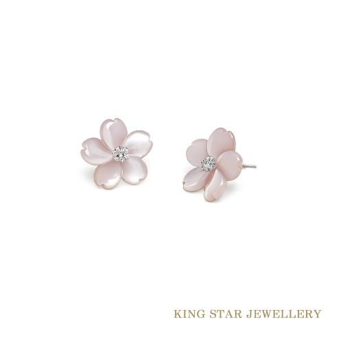 King Star 日本進口 鉑金台 天然鑽石耳環 珍珠母貝 粉櫻(多種戴法)