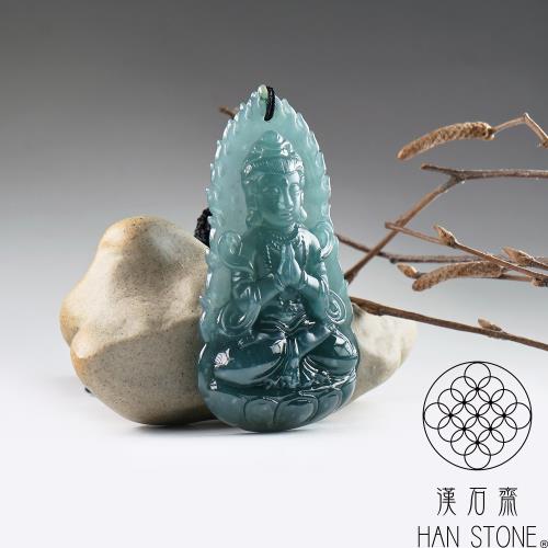漢石齋】天然翡翠A貨觀音玉佩吊墜冰糯種藍水飄花(40*73*8mm)|觀音