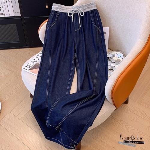 【YOUNGBABY中大碼】撞色綁帶天絲薄款休閒闊腿牛仔長褲 中大尺碼女裝
