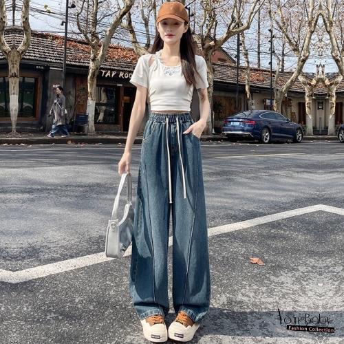 【YOUNGBABY中大碼】帥氣鬆緊腰綁帶瘦腿車線彎刀牛仔長褲 中大尺碼女裝