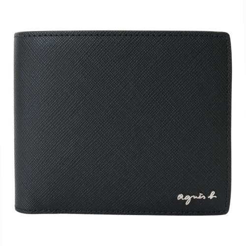 agnes b.-草寫銀字LOGO防刮皮革附抽式卡夾短夾(素面黑)