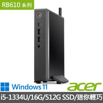 Acer 宏碁 RB610 迷你型電腦搭載 Intel i5-1334U 處理器、32GB DDR4 記憶體（最高支援 64GB）及 1TB SSD 儲存空間，執行 Windows 11 Pro 作業系統。支援 Wi-Fi 6 無線網路與 Bluetooth 5.0，具備多樣連線埠如 HDMI、DisplayPort、USB 3.2 Gen2，提供穩定高效能。體積小巧僅 178x178x30mm、重 0.95kg，適合辦公、娛樂與多媒體應用。享 3 年原廠保固到府收送（不含加裝零件），NCC 認證 CC AH21Y10160T2。
