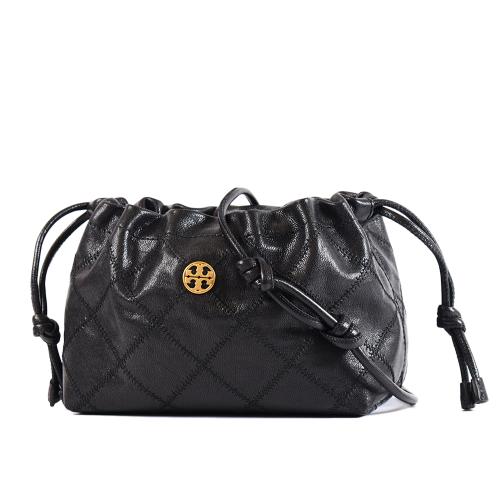 TORY BURCH WILLA 菱格紋束口磁釦肩背/斜背雲朵包-黑色/小