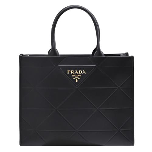 PRADA 1BA377 Symbole 金屬LOGO立體三角壓花手提大托特包.黑