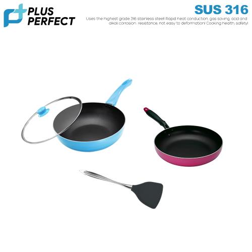 【PERFECT理想】日式不沾炒鍋30CM(附蓋)+品味日式不沾平煎鍋30CM(無蓋)+品味耐熱矽膠煎匙-灰色