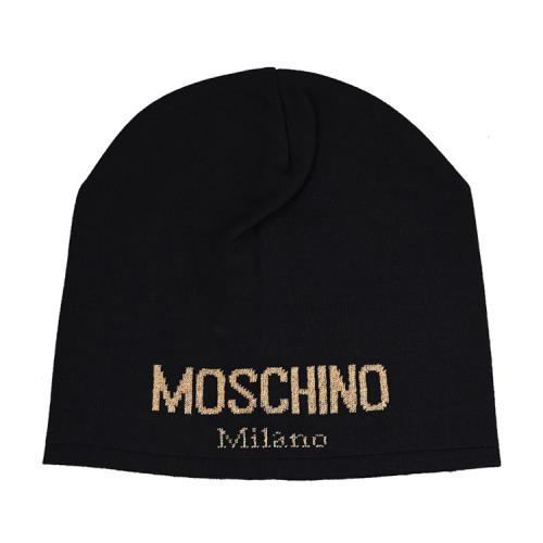 MOSCHINO 65294 經典LOGO金蔥羊毛混紡針織毛帽.黑