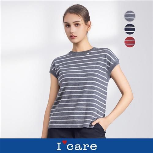 現貨【Icare 依卡】細條紋簡約短袖針織毛衣 - 3色（F）｜短袖針織衫 女針織毛衣 條紋上衣