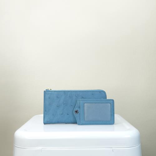 【M2nd】柯蜜頓鴕鳥皮通勤組輕薄長夾/證件套(土耳其藍-T65AT07A)