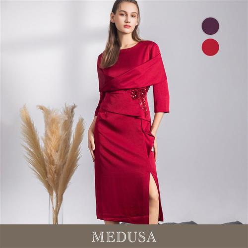 現貨【MEDUSA 曼度莎】披肩立體花朵修身喜宴小禮服 - 2色（M-XL）｜喜宴禮服 媽媽禮服 小禮服 修身長洋裝