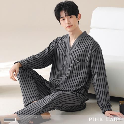 【PINK LADY】男睡衣 棉柔長袖成套睡衣 墨灰直條 印花寬版 秋冬排扣居家服(V領/保暖/上衣長褲/兩件式) 12701